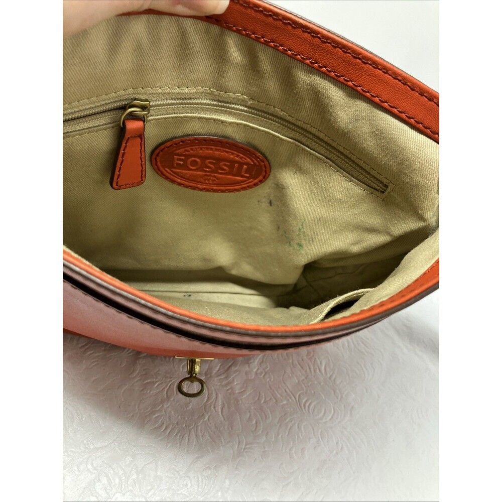 Fossil Orange Leather Turnlock Flap Satchel Crossbody Shoulder Bag Vintage - Picture 11 of 16